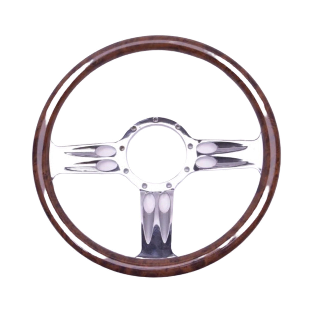 14" Chromed Billet Aluminium Steering Wheel Adapter Horn Button Wood Wrap - SAE-Speed